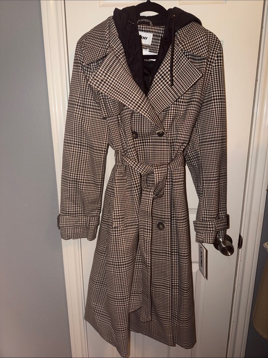Dkny Jackets & Blazers - DKNY Black & White Houndstooth Double-Breasted Trench Coat with Detachable Hood